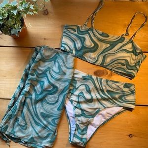 NEW SHEIN✨Bikini w/ Skirt✨Green Marble, high cut bottoms, sheer skirt cover up.